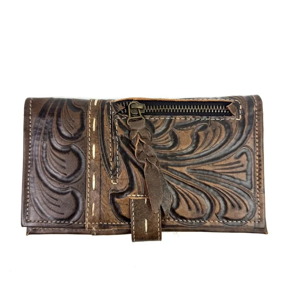 Leaders In Leather Wallet Handmade Tooled Wildflower‎ Design Brown Brand New